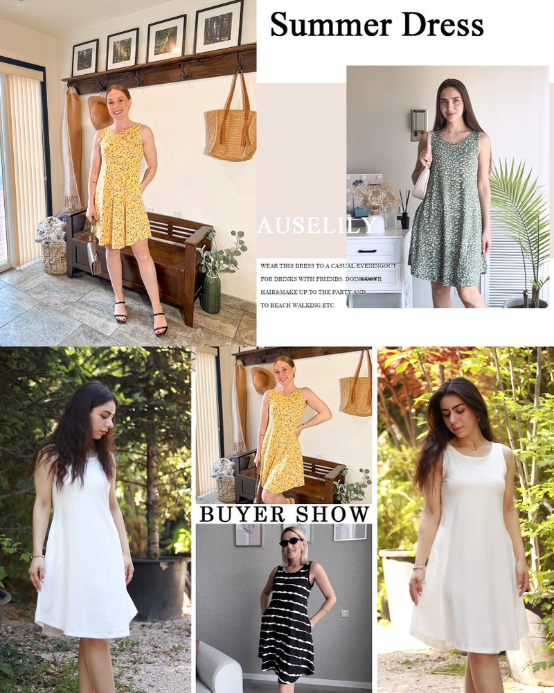 AUSELILY Summer Dresses for Women Black Sleeveless Crew Neck Casual Mini Dress with Pockets, Black Leaf L - Image 5