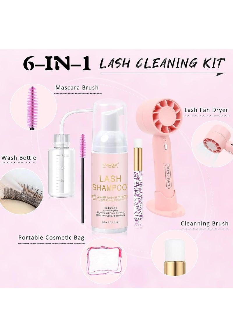 EMEDA EMEDA Lash Shampoo Kit 2.02 fl oz Lash Cleaning Kit with Rechargeable Fan Dryer/Brush/Rinse Bottle, Oil-free Cleanser Wash for Extensions & Clusters & Natural Lashes, Cleaner for Eyelash Care  - Image 2