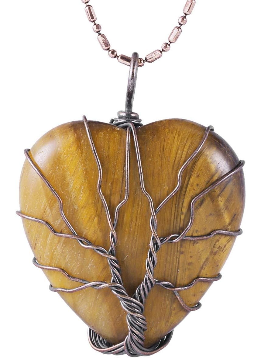 SUNYIK SUNYIK Natural Tiger's Eye Crystal Pendant Necklace for Women, Handmade Copper Wire Wrapped Heart Love Healing Reiki Crystal Jewelry 