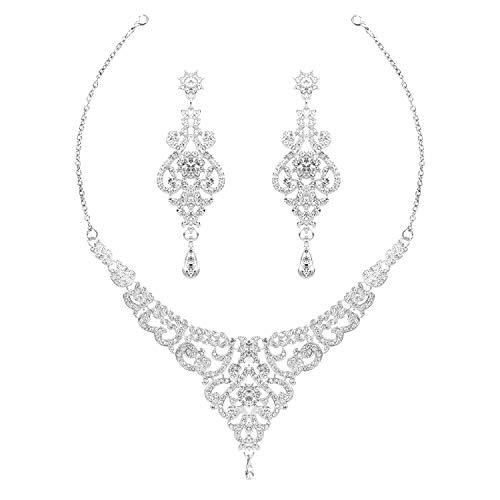 Hapibuy Austrian Crystal Wedding Jewelry Set Bridal Necklace and Earring Set for Women and Bride Silver color - Image 1