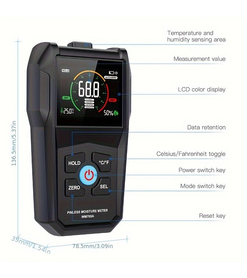 جهاز WM700A لقياس رطوبة الخشب بدون لمس، جهاز اختبار رقمي للنجارة، الغابات، والتجديد. - Image 2