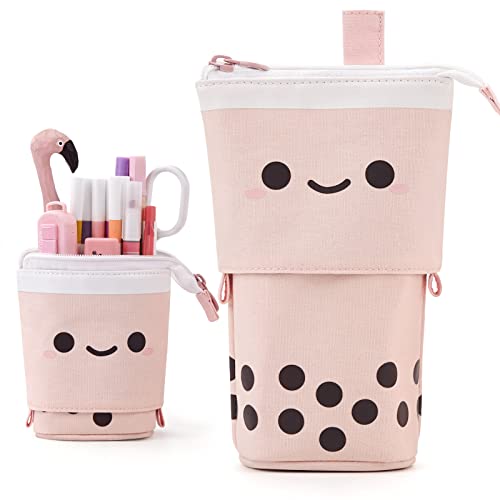 ANGOOBABY Standing Pencil Case Cute Telescopic Pen Holder Kawaii Stationery Pouch Makeup Cosmetics Bag for School Students Office Women Teens Girls Boys Christmas Gift Pink