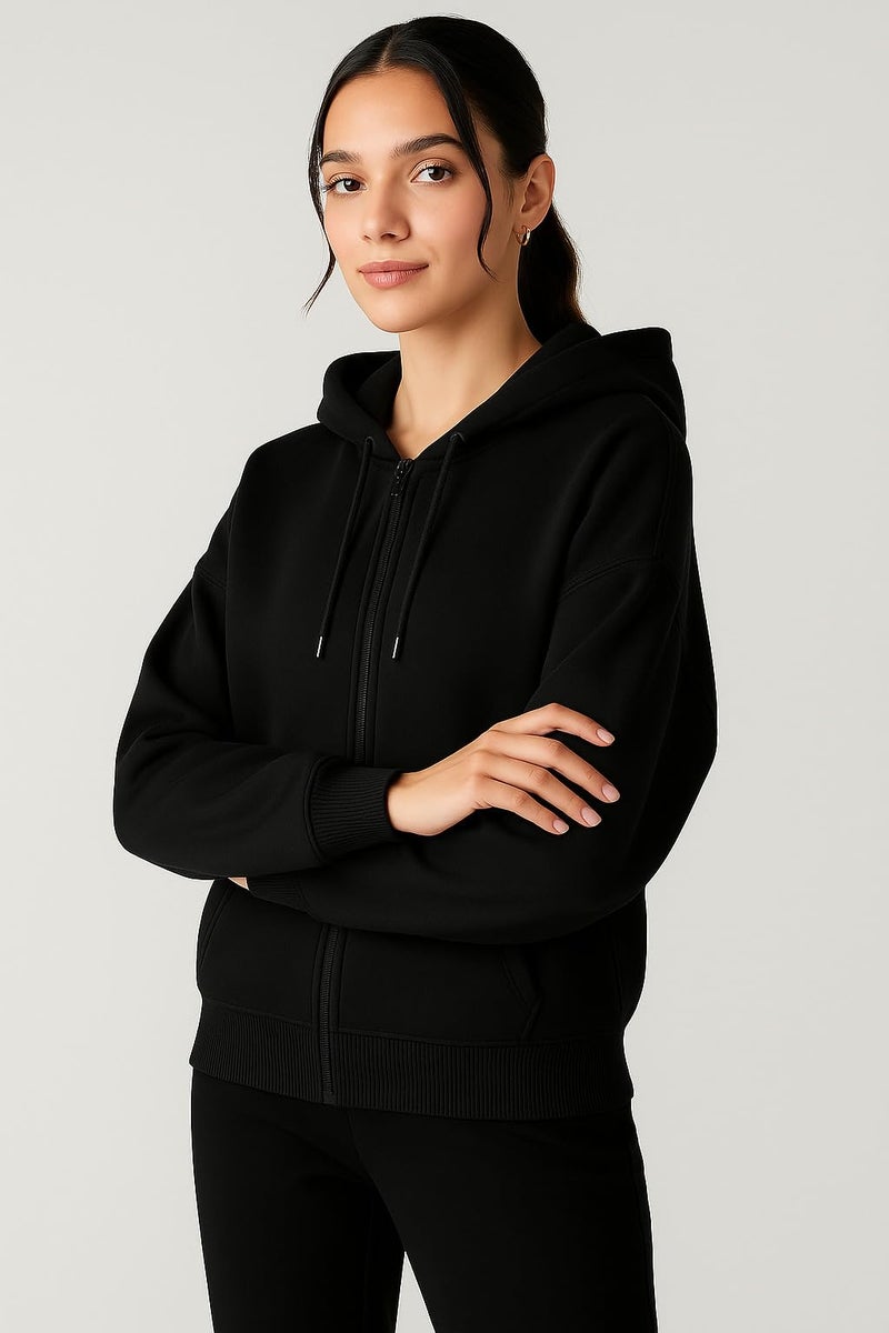 ADBUCKS Women's Oversized Winter Jacket Sweatshirts Casual Drawstring Clothes Zip Up Hoodie with Front Pocket Ii Womens Hoodies Ii (in, Alpha, 4XL, Black) - Image 2