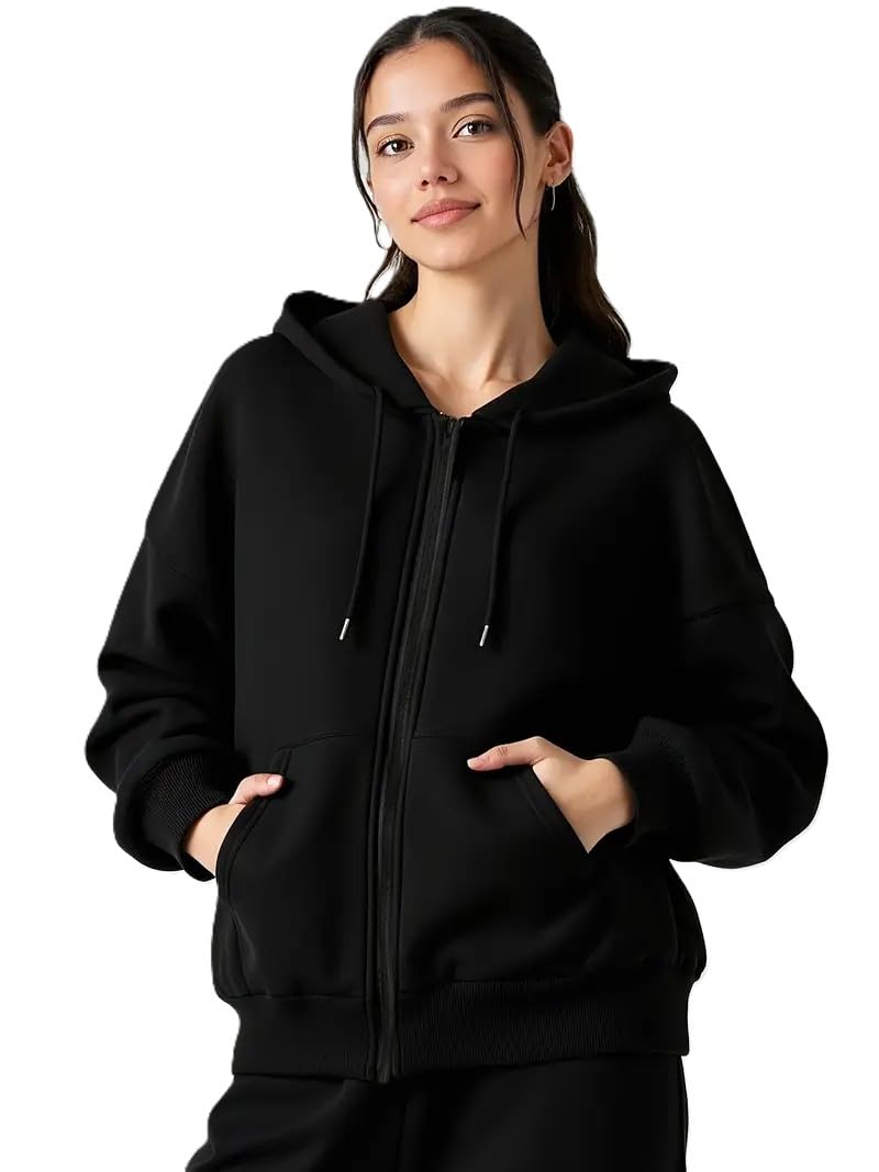 ADBUCKS Women's Oversized Winter Jacket Sweatshirts Casual Drawstring Clothes Zip Up Hoodie with Front Pocket Ii Womens Hoodies Ii (in, Alpha, 4XL, Black) - Image 1