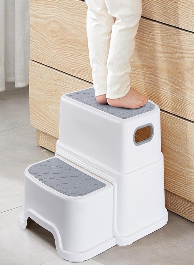 Meneflix Two Step Stool for Kids, Double up Toddler Step Stool for Potty Training, Kitchen, Bathroom, Toilet Stool with Anti-Slip Strips for Safety, Stackable, Wide Step (1 Pack White) - Image 2