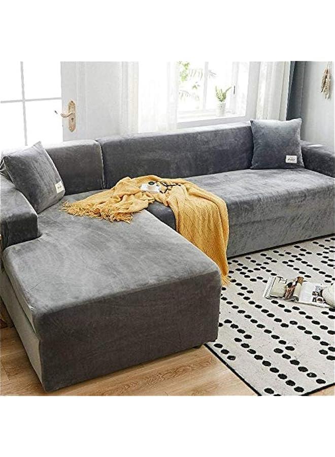 Yulejo Velvet Plush Sofa Cover, Skid Resistance Stretch Sofa Cover Slipcover Soft Thick Sofa Protector for L-shape Sectional Couch (Light Grey,2 Seater(57-73)) - Image 1