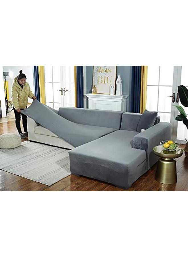 Yulejo Velvet Plush Sofa Cover, Skid Resistance Stretch Sofa Cover Slipcover Soft Thick Sofa Protector for L-shape Sectional Couch (Light Grey,2 Seater(57-73)) - Image 3