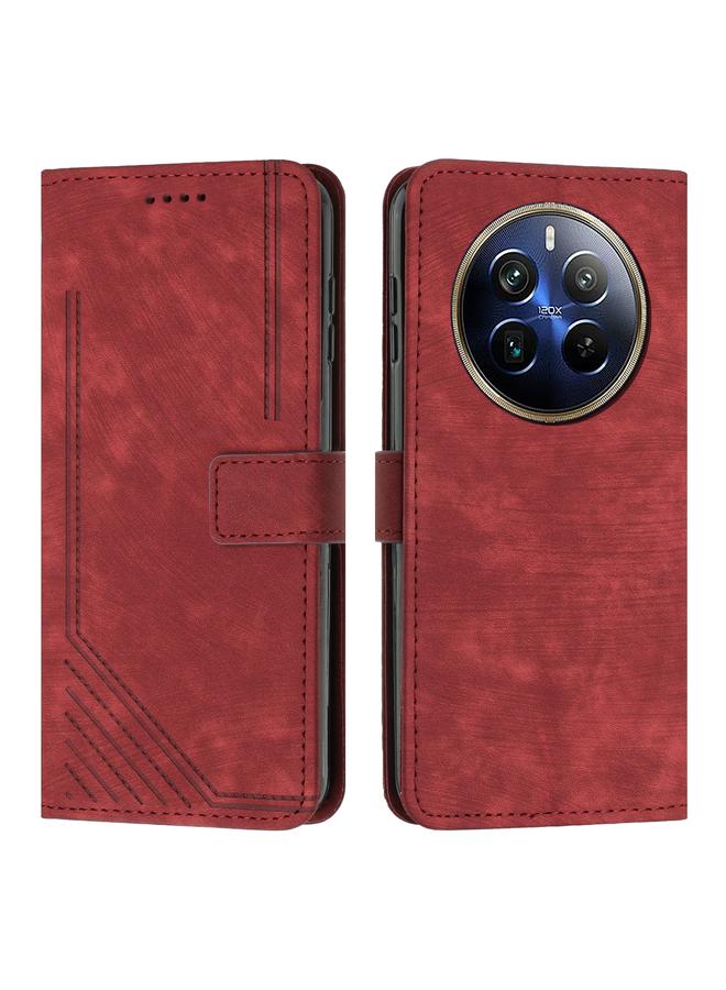 Green Tiger For Realme 12 Pro+ Skin Feel Stripe Pattern Leather Phone Case with Lanyard(Red)