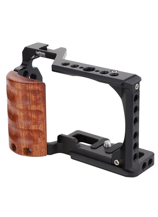 Leftfoto Upgrade Metal Cage with Wood Handle for Sony Alpha ZV-E10 Video Shooting Accessories, Cold Shoe Mic/Light Extension Video Cage Filming Vlog Camera Kit 