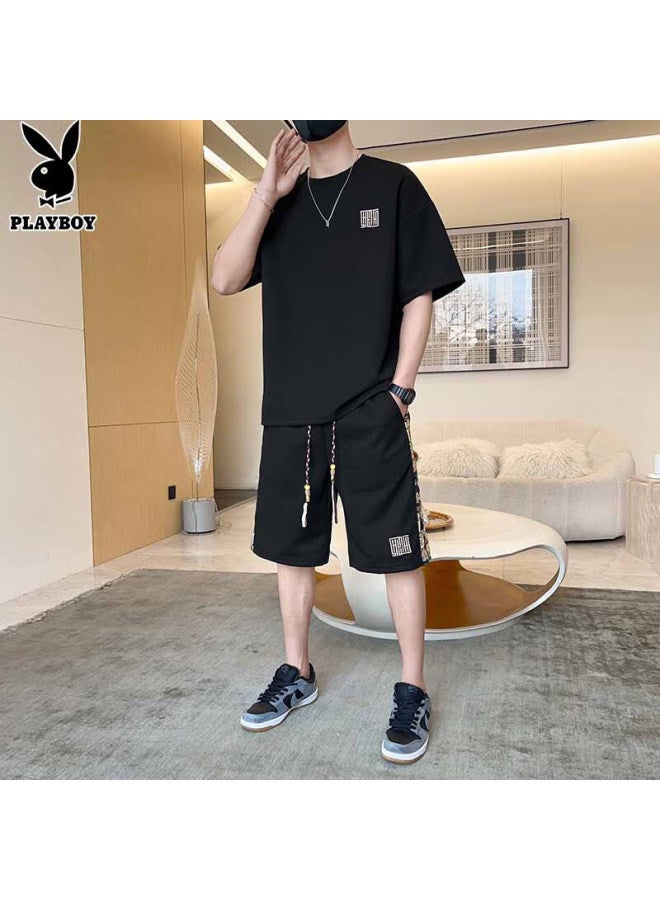 PLAYBOY Men'S Short Sleeve T-Shirt Set Men'S Summer Ice Silk Top Brand Loose Waffle Grid Shorts Sports Half Sleeve - Image 3