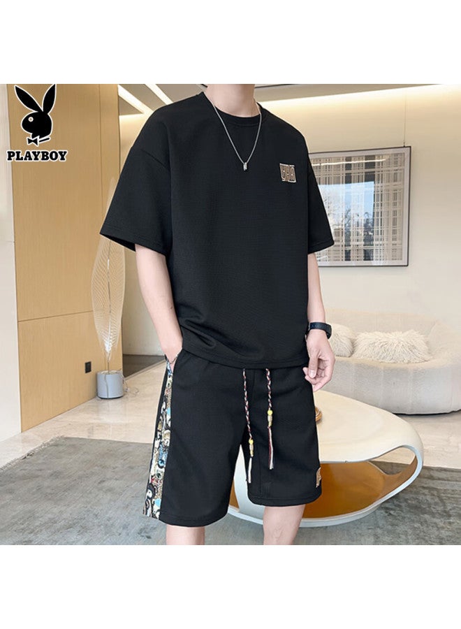 PLAYBOY Men'S Short Sleeve T-Shirt Set Men'S Summer Ice Silk Top Brand Loose Waffle Grid Shorts Sports Half Sleeve - Image 2