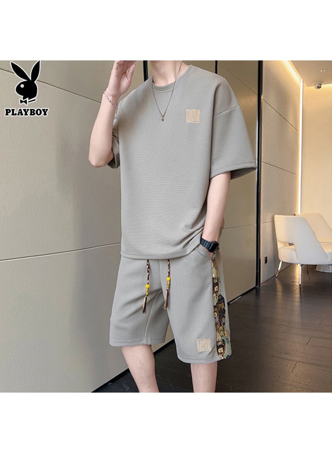PLAYBOY Men'S Short Sleeve T-Shirt Set Men'S Summer Ice Silk Top Brand Loose Waffle Grid Shorts Sports Half Sleeve - Image 4