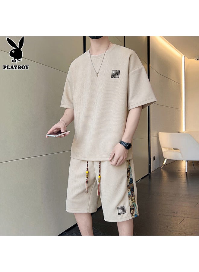 PLAYBOY Men'S Short Sleeve T-Shirt Set Men'S Summer Ice Silk Top Brand Loose Waffle Grid Shorts Sports Half Sleeve - Image 5