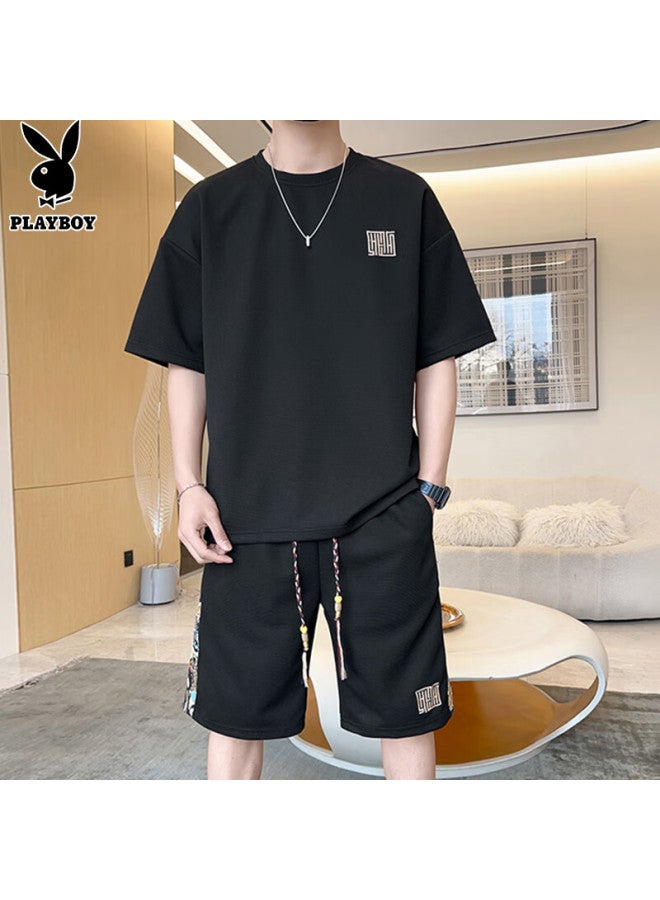 PLAYBOY Men'S Short Sleeve T-Shirt Set Men'S Summer Ice Silk Top Brand Loose Waffle Grid Shorts Sports Half Sleeve - Image 1