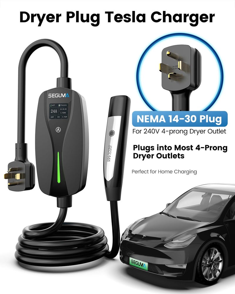SEGUMA Level 2 Tesla Charger-24Amp 240V, NEMA 14-30 Plug, 25FT Extension Cable, Adjustable Current (10-24A)-Portable Home Mobile EV Charger for Model Y/X/3/S/Cybertruck, Fit 4-Prong Dryer Outlet - Image 2