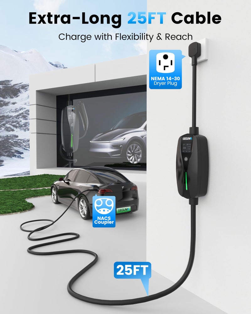 SEGUMA Level 2 Tesla Charger-24Amp 240V, NEMA 14-30 Plug, 25FT Extension Cable, Adjustable Current (10-24A)-Portable Home Mobile EV Charger for Model Y/X/3/S/Cybertruck, Fit 4-Prong Dryer Outlet - Image 3