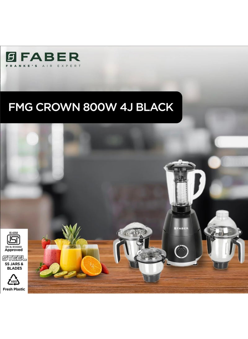 Faber Faber Crown 800W Blender Mixer Grinder, 3 SS Clip Lock Jars + 1 PC jar || Low-Noise Copper Motor, up to 20000 RPM Speed || 2 Year Comprehensive & 5 Year Motor Warranty (FMG Crown 800 W 4J Nero) Black  - Image 2
