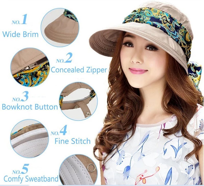 iHomey Roll Up Wide Brim Sun Visor UPF 50+ UV Protection Sun Hat with Neck Protector Khaki - Image 2