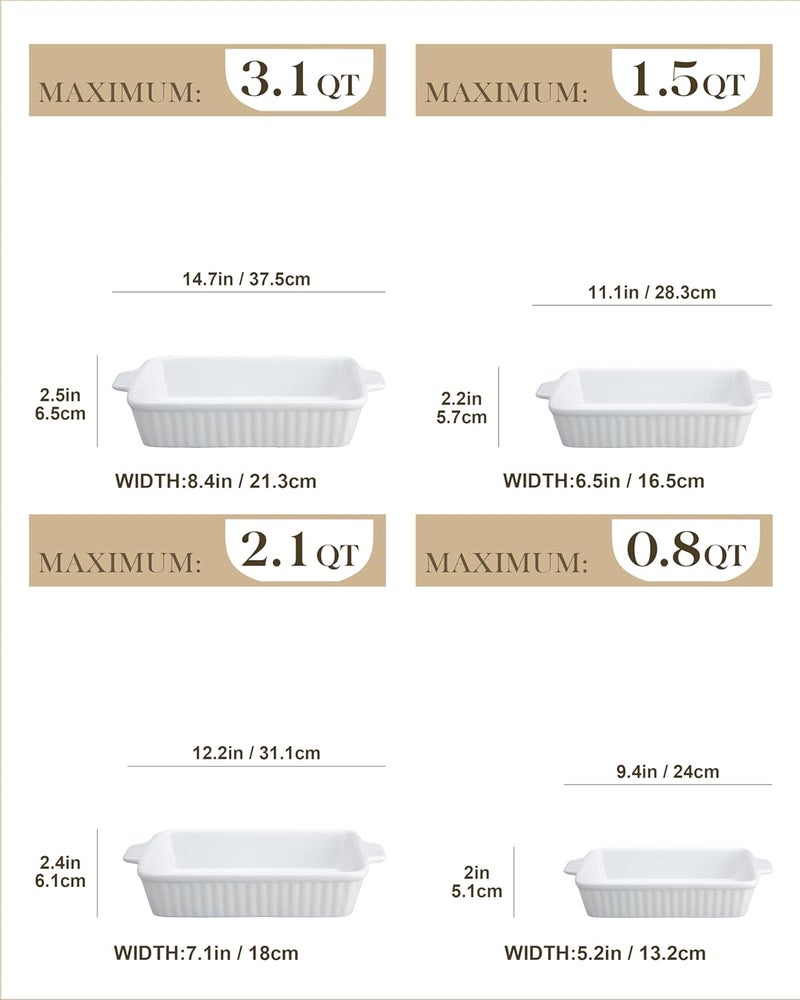 MALACASA Casserole Dishes for Oven, Porcelain Baking Dishes, Ceramic Bakeware Sets of 4, Rectangular Lasagna Pans Deep with Handles for Baking Cake Kitchen, White (9.4"/11.1"/12.2"/14.7"), Series - Image 2