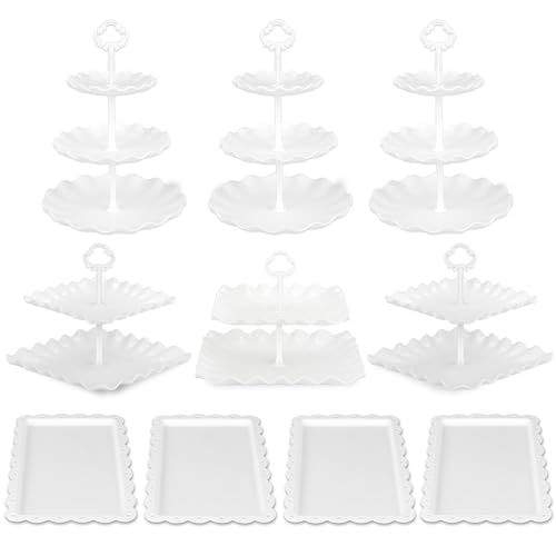 NWK Pack of 10 NWK Cake Stand Set with 3 x Two-Tier and 3 x Three-Tier Cupcake Stands, 4 x Appetizer Trays, for Birthday Baby Bridal Shower Party (White) - Image 2
