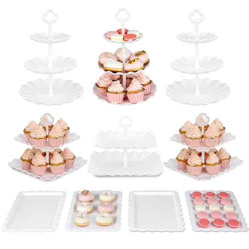 NWK Pack of 10 NWK Cake Stand Set with 3 x Two-Tier and 3 x Three-Tier Cupcake Stands, 4 x Appetizer Trays, for Birthday Baby Bridal Shower Party (White) - Image 1