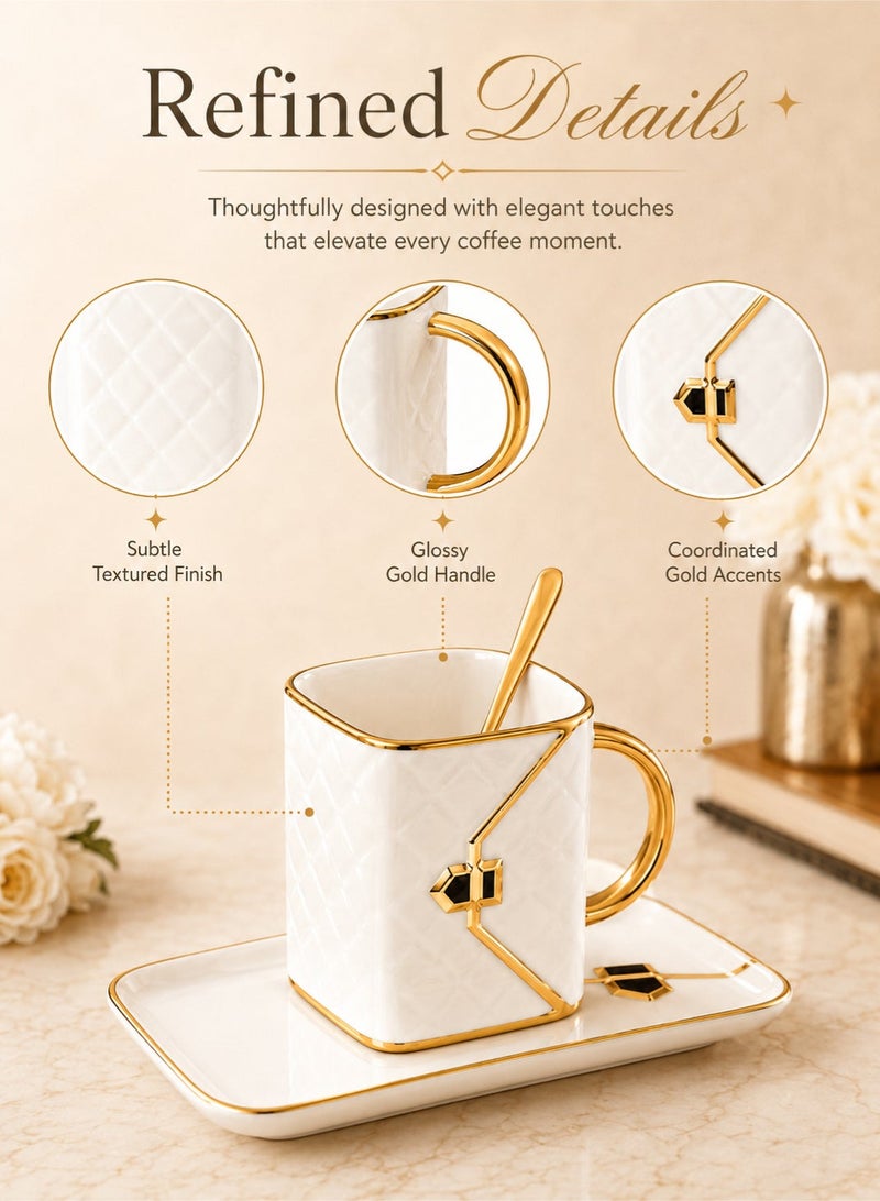 Luxury Arabica Coffe Cup with Saucer Set,310ml Ceramic Tea Cup with Spoon,Espresso Cups with Handles,Coffee Mugs for Latte, Cappuccino, Mocha, Hot Chocolate, Tea, Juice, Hot or Iced Beverage,White - Image 4