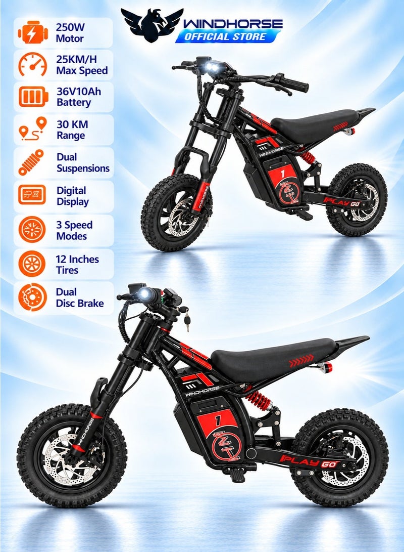 Wind Horse Kids Electric Bike 250W Motor, 25KM/H Max Speed, 36V10Ah Battery, 30 KM Range, Artificial Engine Sound, Bluetooth Speaker, Dual Suspensions, Digital Display, 3 Speed Mods, 12 Inches Tires, Dual Disc Brake (3-10 Age) - Image 1