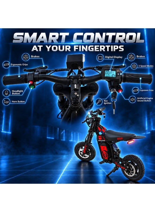 Wind Horse Kids Electric Bike 250W Motor, 25KM/H Max Speed, 36V10Ah Battery, 30 KM Range, Artificial Engine Sound, Bluetooth Speaker, Dual Suspensions, Digital Display, 3 Speed Mods, 12 Inches Tires, Dual Disc Brake (3-10 Age) - Image 3