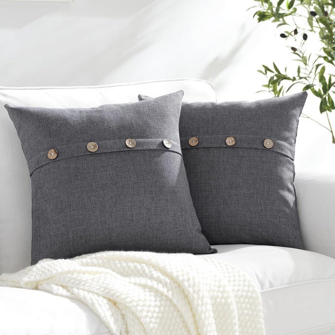 SET OF 2 DARK GRAY SQUARE PILLOW COVERS 20 X 20 FARMHOUSE LINEN PILLOW COVERS WITH COCONUT BUTTONS FOR SOFA COUCH LIVING ROOM BEDROOM FARMHOUSE DCOR FOR THE HOME HOUSEWARMING GIFTS