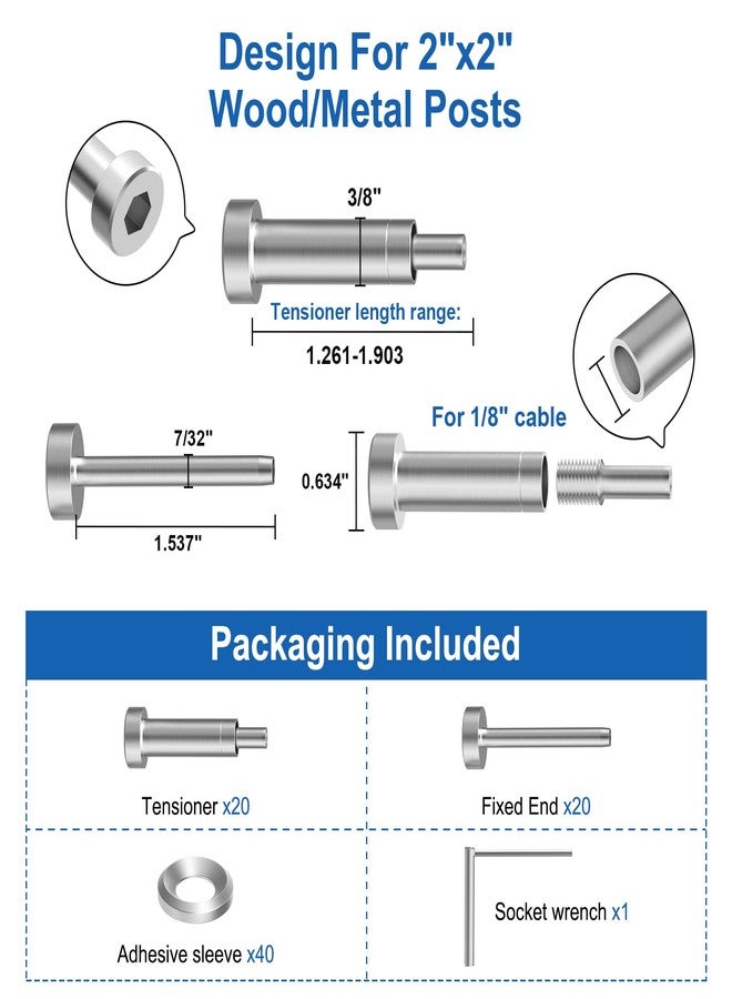 BLIKA Upgraded 20 Pairs 1/8" Invisible Cable Railing Kits, Hidden Swage Tensioner and Ends for 2"x2" Wood & Metal Posts, T316 Stainless Steel, Deck Stair Cable Railing Hardware - Image 2