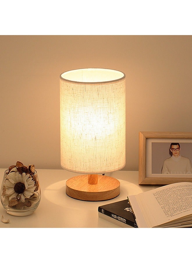 Bedside Table Lamp, USB switch cable LED Bedrooms Lamps, Nightstand Desk Lamp, Minimalist Solid Wood Round Base with Fabric Shade for Living Room, Kids Room, Office