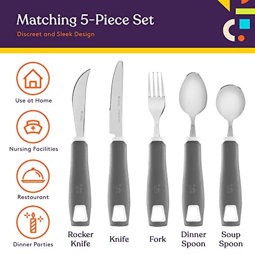 Special Supplies Adaptive Utensils 5-Piece Set Non-Weighted, Non-Slip Handles for Hand Tremors, Arthritis, Parkinson’s or Elderly Use - Stainless Steel Knife, Rocker Knife, Fork, Spoons (Grey) - Image 3