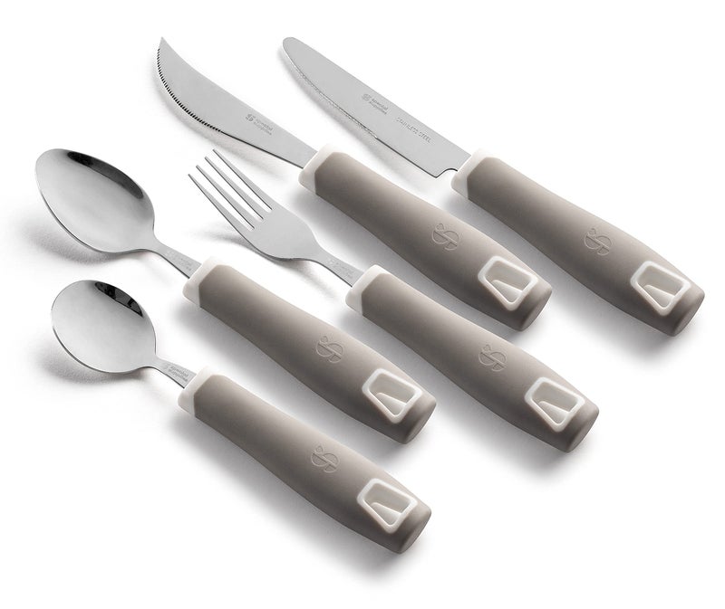 Special Supplies Adaptive Utensils 5-Piece Set Non-Weighted, Non-Slip Handles for Hand Tremors, Arthritis, Parkinson’s or Elderly Use - Stainless Steel Knife, Rocker Knife, Fork, Spoons (Grey) - Image 1
