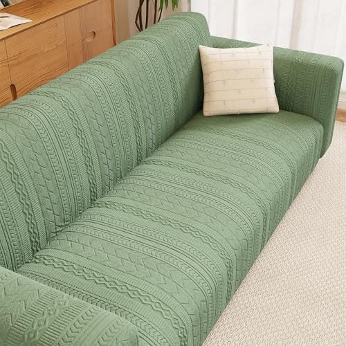 Lukzer 3 Seater Pastel Green Zigzag Pattern Sofa Cover | 240 GSM Universal Stretch Fit Jacquard Fabric Couch Protector | Fully Covered Anti Slip & Washable Sofa Cover (180-230cm/SC-076-03) - Image 1