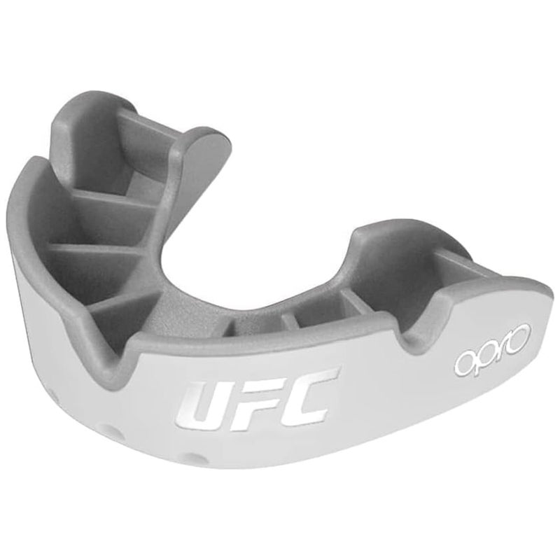 OPRO UFC Sports Mouth Guard Silver Level â€“ Moldable, Multi-Layer Protection for Boxing, Hockey, Rugby, MMA, Jiu Jitsu, UFC & Football â€“ Includes Mouth Guard Case (Adult, White/Silver) - Image 1