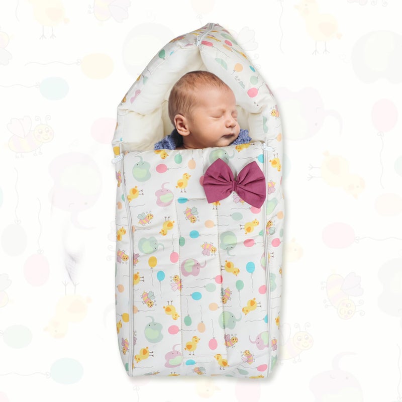 POLKA TOTS Balloon Printed Cotton Sateen Bow Baby Sleeping Bag Cum Baby Nest- Breathable Fabric for 0-6 Month, Travel-Friendly Newborn Sleeping Solution, Safe for Year-Round Use (Yellow,65X35X12cm) - Image 1