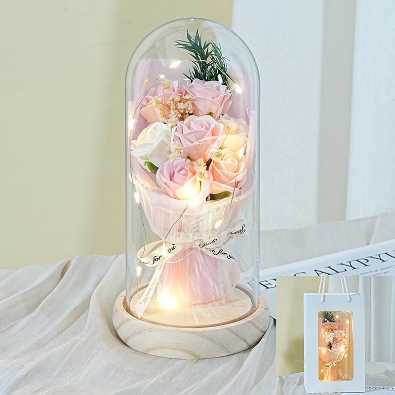 Preserved Rose Flower Gift Box with Wooden Base - 7 Roses Bouquet for Teacher's Day, Birthday & Special Occasions