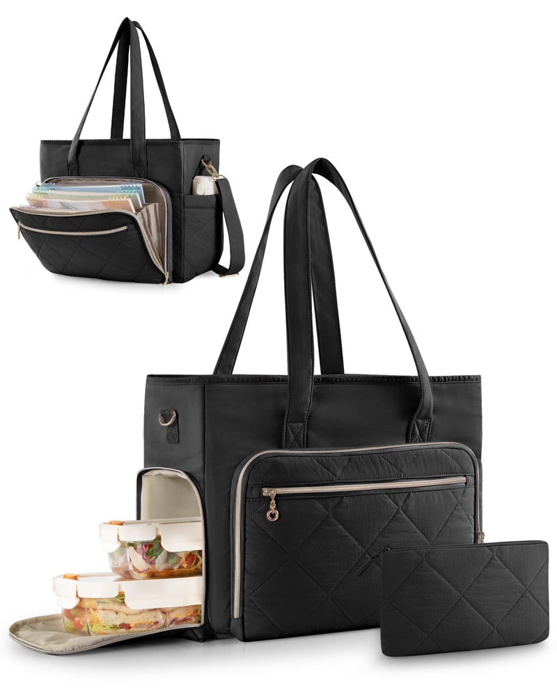 Marscamd Teacher Tote Bag with Lunch Compartment, File Organizer Pocket, 15.6" Laptop Compartment, Crossbody Strap, School Work Bag for Women - Black - Image 1