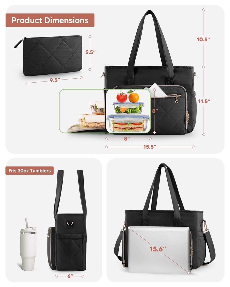 Marscamd Teacher Tote Bag with Lunch Compartment, File Organizer Pocket, 15.6" Laptop Compartment, Crossbody Strap, School Work Bag for Women - Black - Image 5