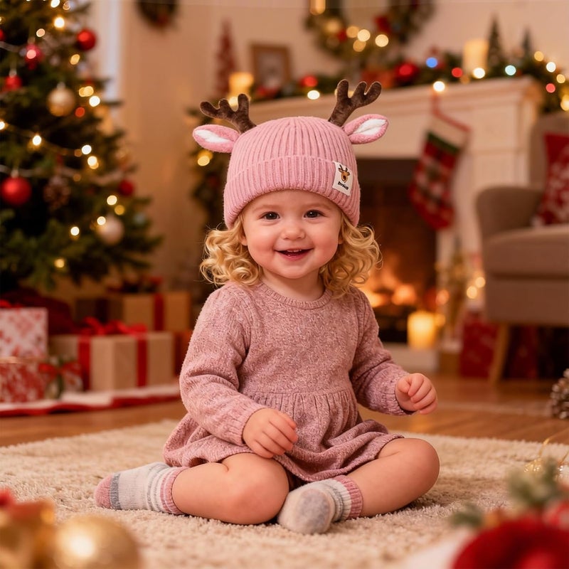 leomoste Baby Beanie Hat Cute Antlers Reindeer Crochet Knitted Hat Winter Warm Cap for Toddler Boys Girls - Image 2