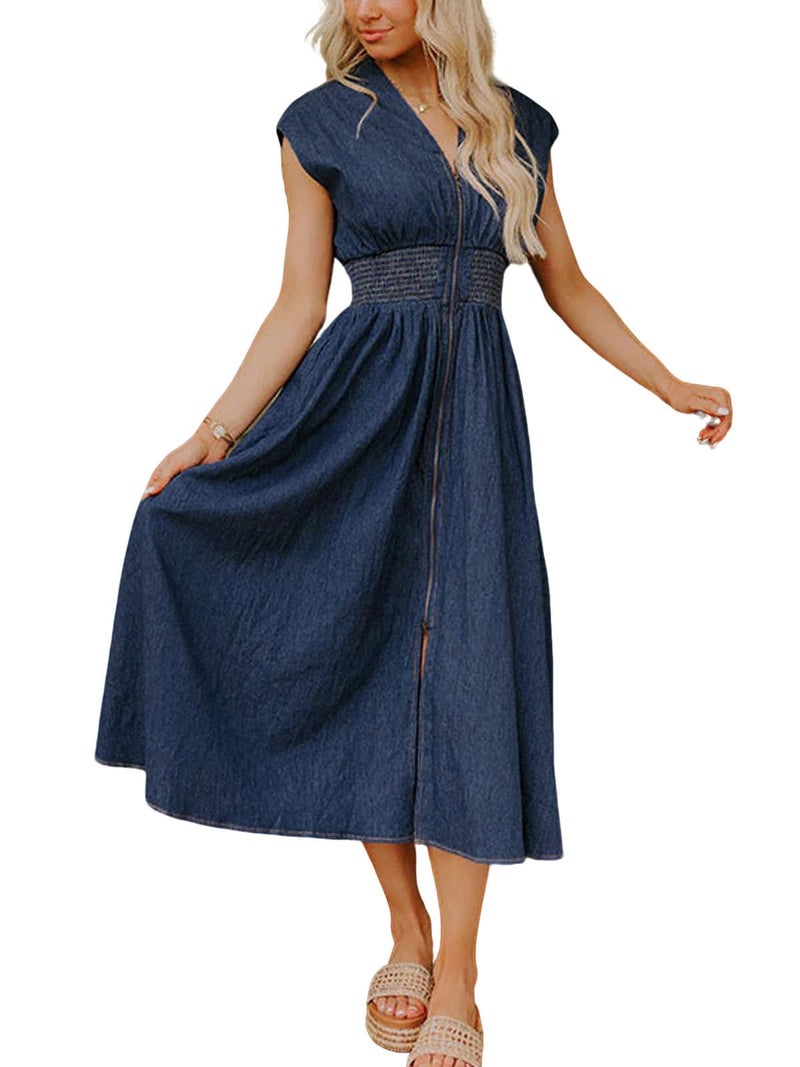 utcoco Womens Denim Dress Sleeveless V Neck Zip Up Smocked High Waist Ruffle A Line Long Midi Jean Dresses (X-Large, Dark Blue)