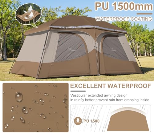 Vidalido Tents，8-10 Person Camping Tent with Extended Vestibule，2 Room Weather Resistant Family Tents，Easy Install Waterproof Outdoor Tent for Camping Hiking（Khaki） - Image 2