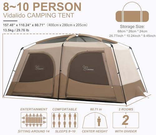 Vidalido Tents，8-10 Person Camping Tent with Extended Vestibule，2 Room Weather Resistant Family Tents，Easy Install Waterproof Outdoor Tent for Camping Hiking（Khaki） - Image 3