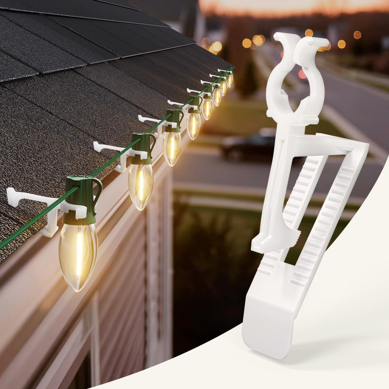 AllinOne Christmas Light Clips Outdoor 200 Pack Universal Gutter Shingle Clips for Hanging C9 C7 Mini String Lights Roof House Yard Holiday Decorations