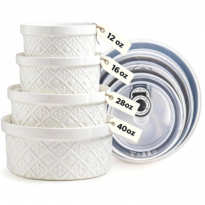 MISSYSSIM Large Mixing Bowls with Airtight Lids Classic White Porcelain Embossed Nesting Salad Bowls for Baking and Cooking 12162840oz Serving Bowls Set of 4 Oven and Dishwasher Safe Thanksgiving Gift - Image 2