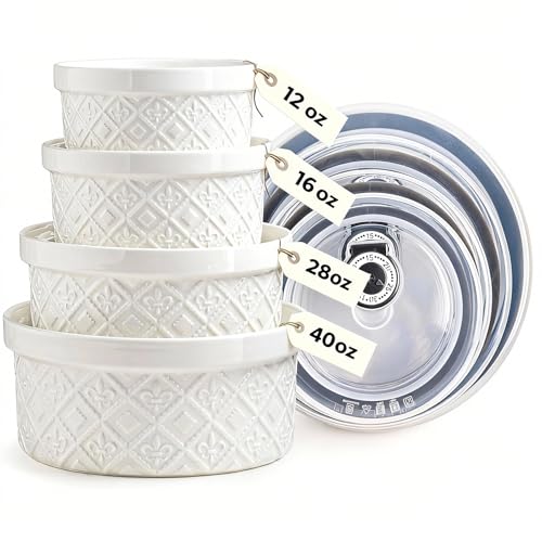 MISSYSSIM Large Mixing Bowls with Airtight Lids Classic White Porcelain Embossed Nesting Salad Bowls for Baking and Cooking 12162840oz Serving Bowls Set of 4 Oven and Dishwasher Safe Thanksgiving Gift - Image 1