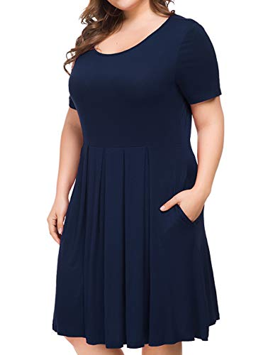 Tralilbee Women Plus Size Casual T-Shirt Swing Dress with Pockets Navy Blue 2XL - Image 4