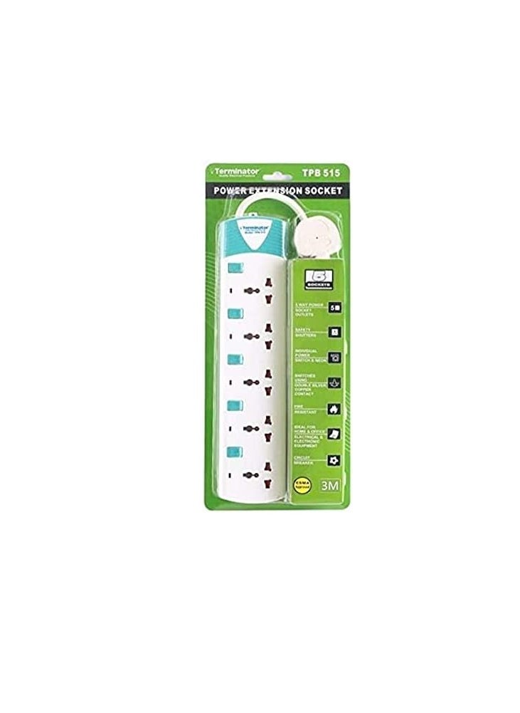 Terminator Terminator 5 Way 3 Meter Power Extension Socket with Individual Power Switches and Safety Shutters TPB515  - Image 3