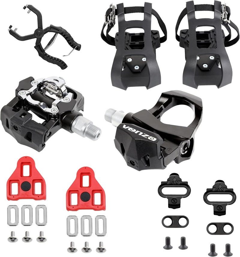 Venzo Sealed Fitness Exercise Indoor Bike Bicycle Pedals & Cleats - Compatible with Peloton, Look Delta & Shimano SPD - with Toe Cages Pedals Set or Cage Removal Tool for Indoor Fitness Exercise - Image 1