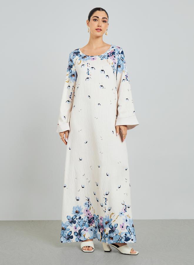 Amirah Blue Floral Print A-Line Jalabiya - Image 3